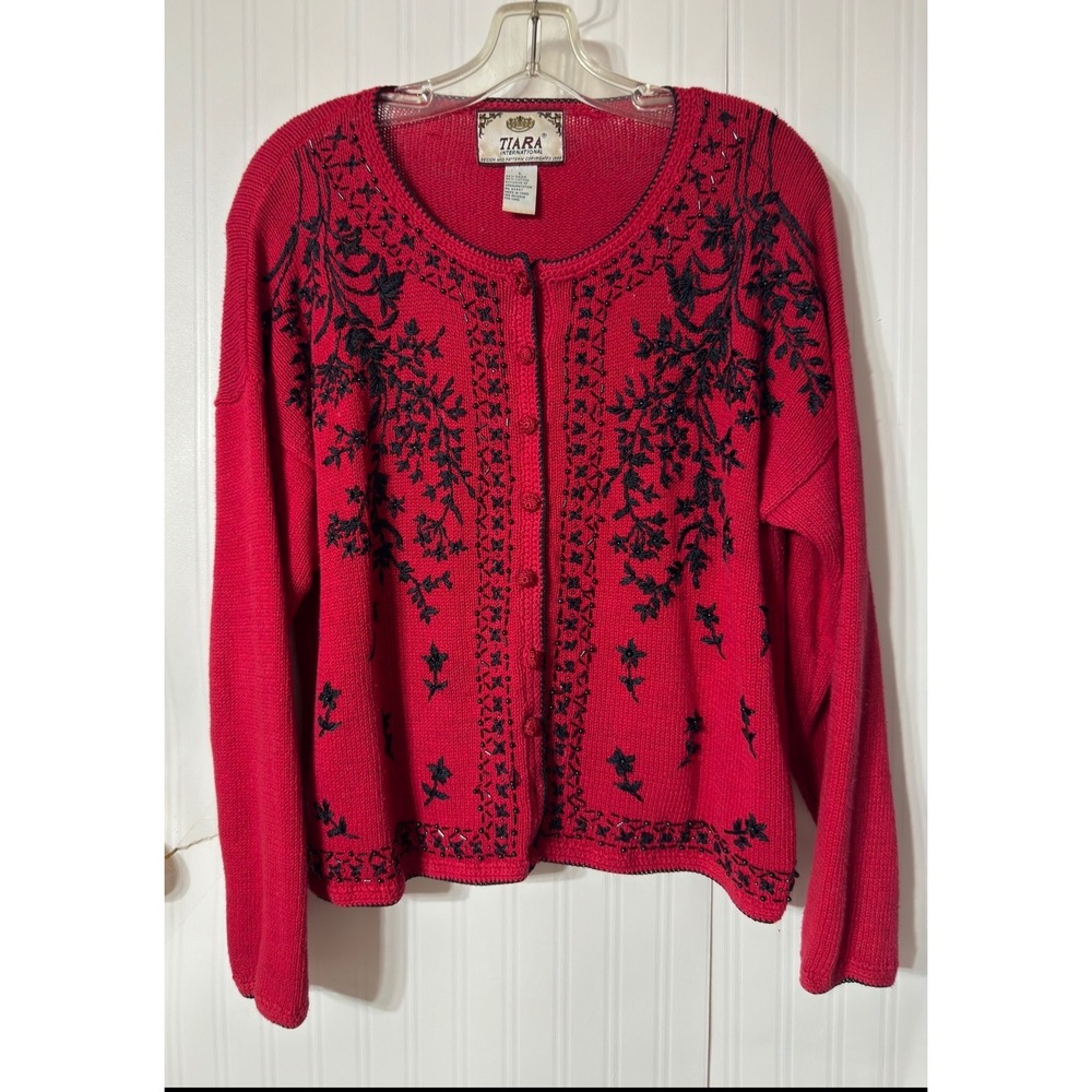 Tiara International Vintage Red Embroidered Beaded Cardigan Sweater Large Floral